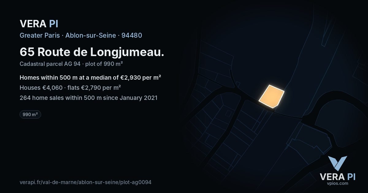65 Route de Longjumeau, Ablon-sur-Seine at night – the plot lit, the parcels around coloured by the prices near them