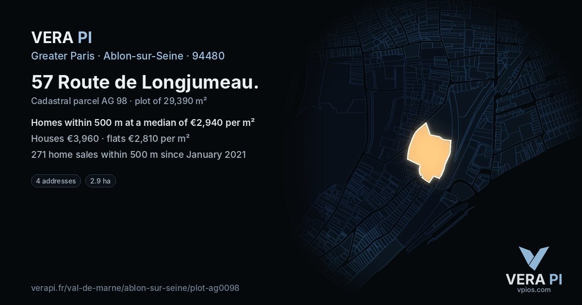 57 Route de Longjumeau, Ablon-sur-Seine at night – the plot lit, the parcels around coloured by the prices near them
