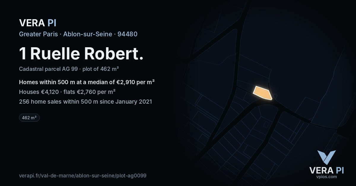 1 Ruelle Robert, Ablon-sur-Seine at night – the plot lit, the parcels around coloured by the prices near them