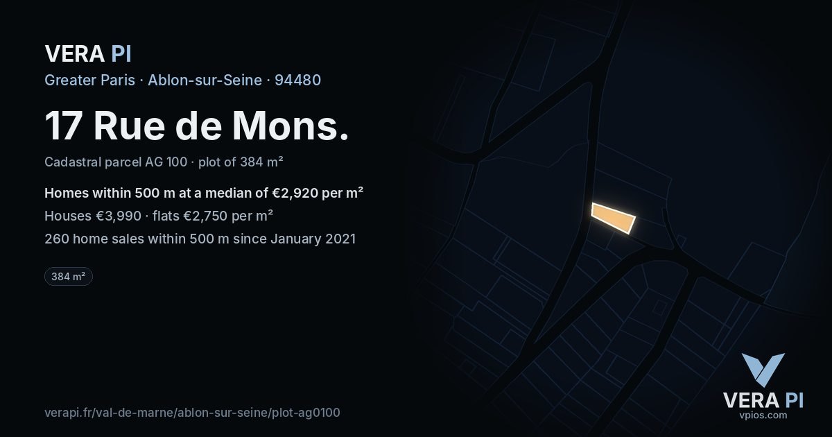17 Rue de Mons, Ablon-sur-Seine at night – the plot lit, the parcels around coloured by the prices near them
