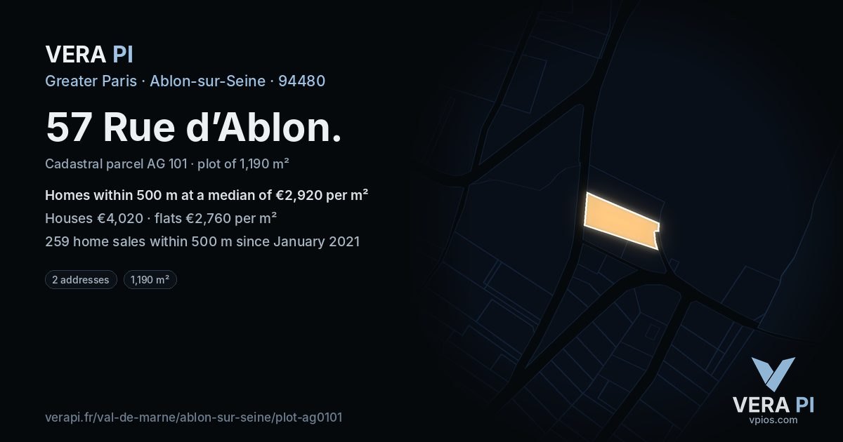 57 Rue d’Ablon, Ablon-sur-Seine at night – the plot lit, the parcels around coloured by the prices near them