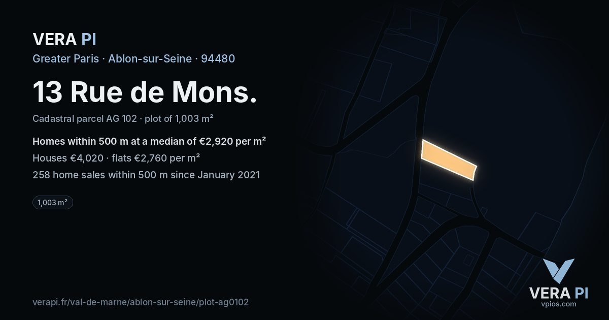 13 Rue de Mons, Ablon-sur-Seine at night – the plot lit, the parcels around coloured by the prices near them