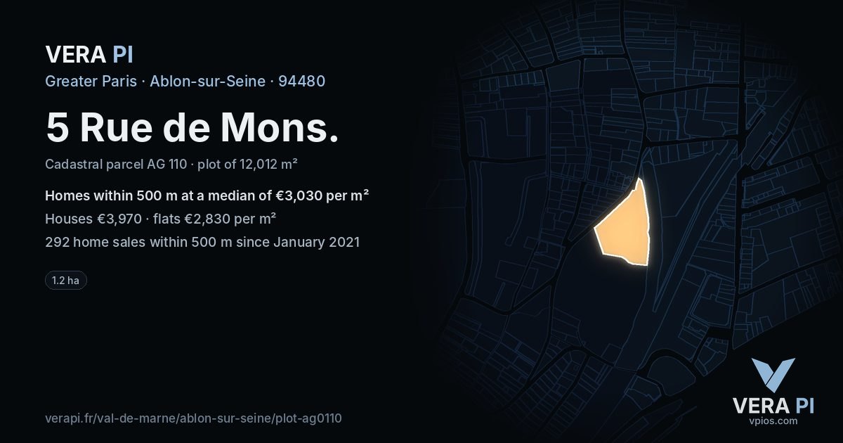 5 Rue de Mons, Ablon-sur-Seine at night – the plot lit, the parcels around coloured by the prices near them