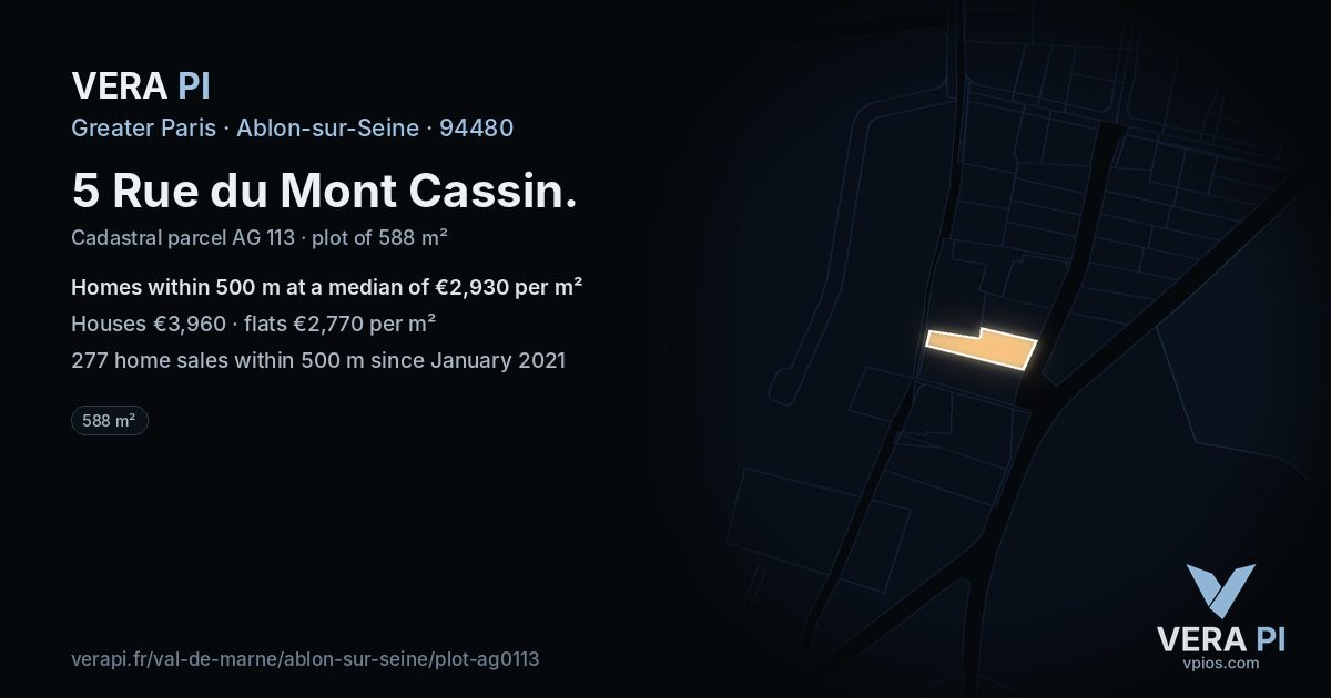5 Rue du Mont Cassin, Ablon-sur-Seine at night – the plot lit, the parcels around coloured by the prices near them