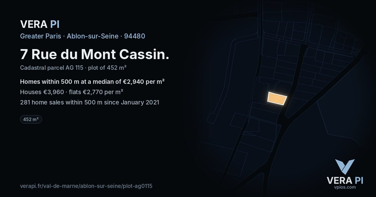 7 Rue du Mont Cassin, Ablon-sur-Seine at night – the plot lit, the parcels around coloured by the prices near them