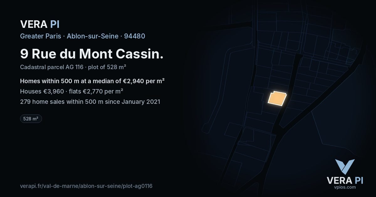 9 Rue du Mont Cassin, Ablon-sur-Seine at night – the plot lit, the parcels around coloured by the prices near them