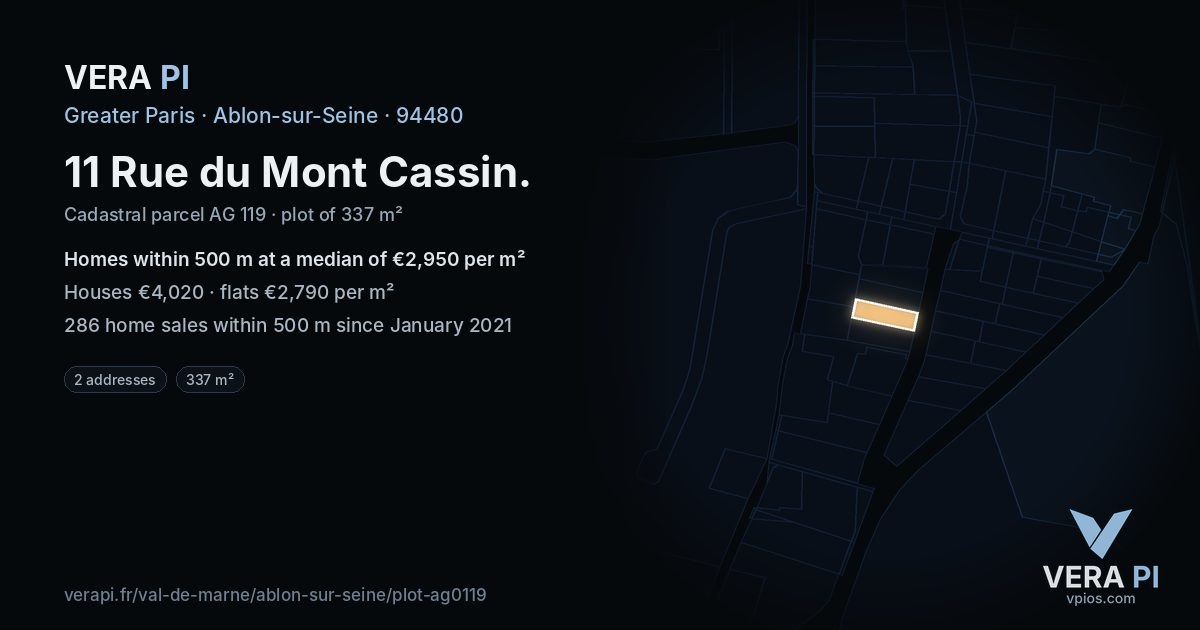 11 Rue du Mont Cassin, Ablon-sur-Seine at night – the plot lit, the parcels around coloured by the prices near them