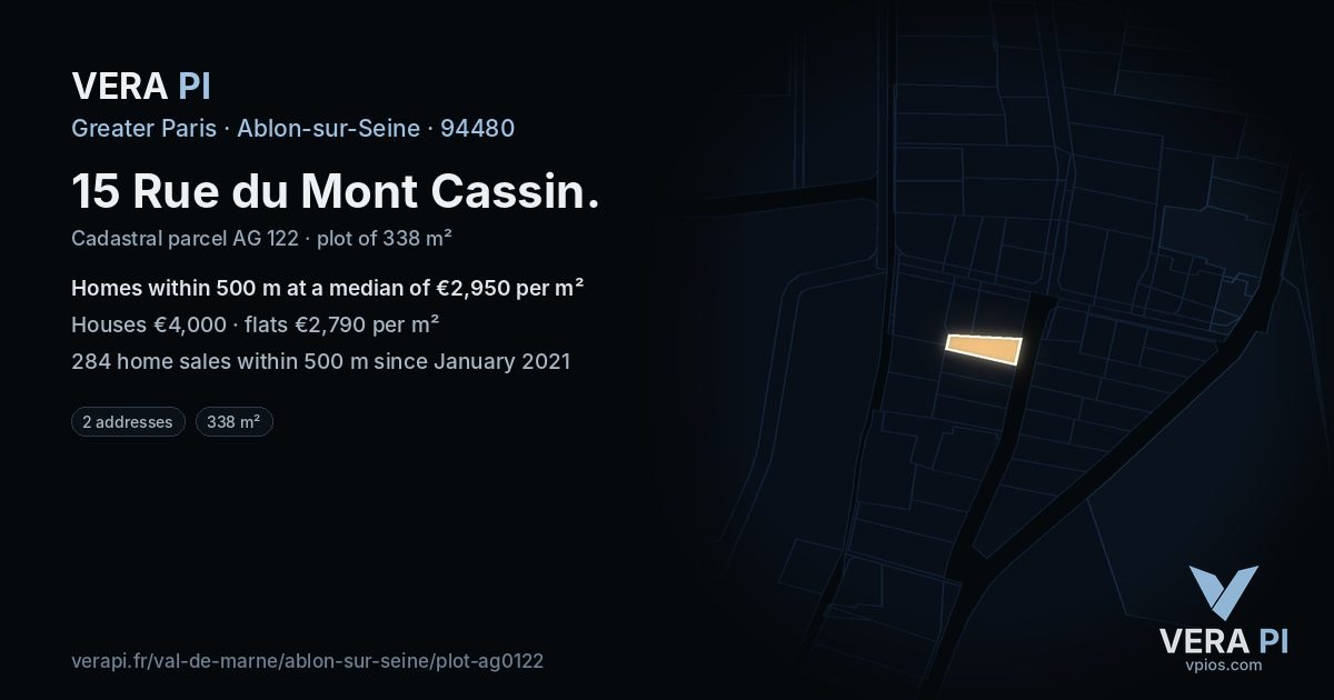15 Rue du Mont Cassin, Ablon-sur-Seine at night – the plot lit, the parcels around coloured by the prices near them