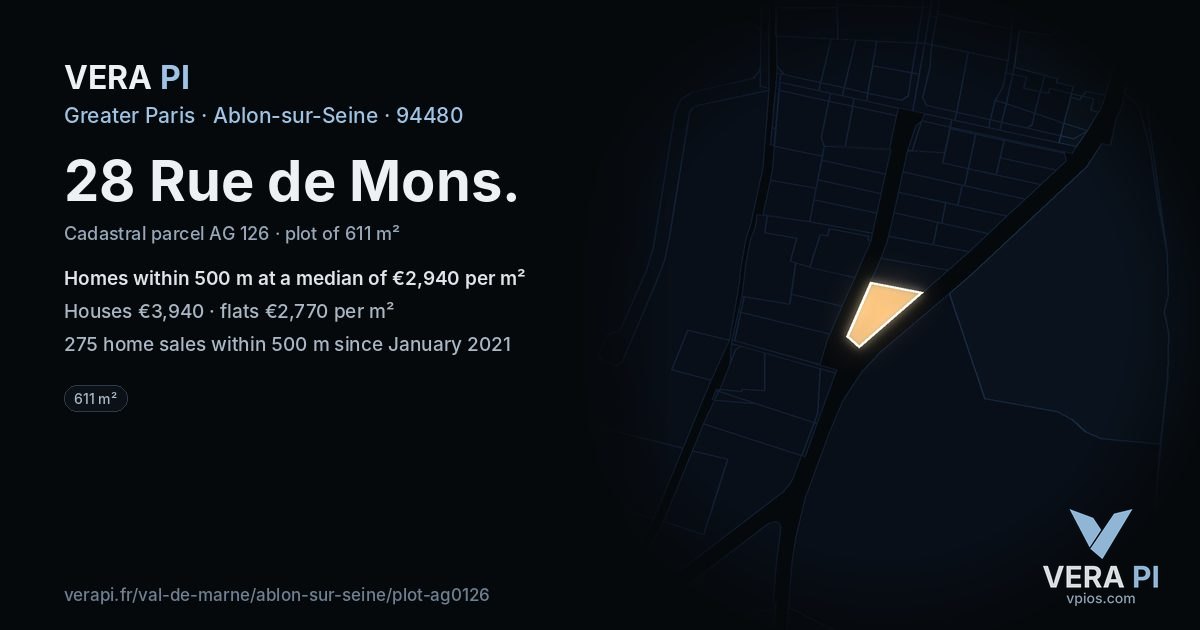 28 Rue de Mons, Ablon-sur-Seine at night – the plot lit, the parcels around coloured by the prices near them