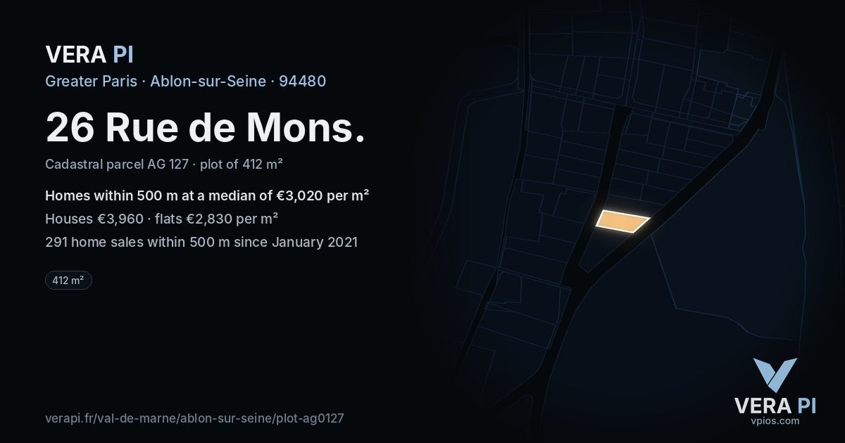 26 Rue de Mons, Ablon-sur-Seine at night – the plot lit, the parcels around coloured by the prices near them