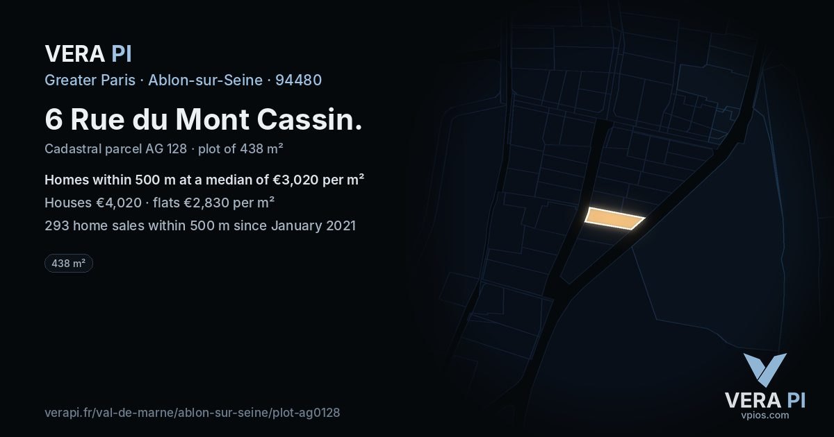 6 Rue du Mont Cassin, Ablon-sur-Seine at night – the plot lit, the parcels around coloured by the prices near them