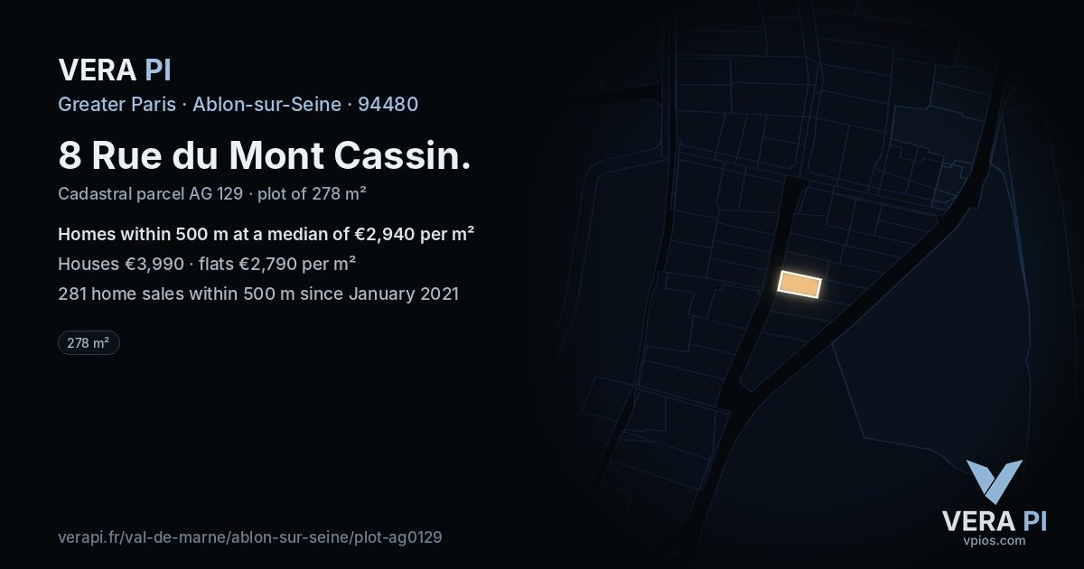 8 Rue du Mont Cassin, Ablon-sur-Seine at night – the plot lit, the parcels around coloured by the prices near them
