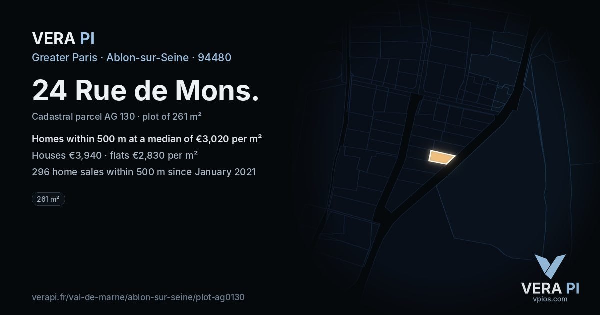 24 Rue de Mons, Ablon-sur-Seine at night – the plot lit, the parcels around coloured by the prices near them
