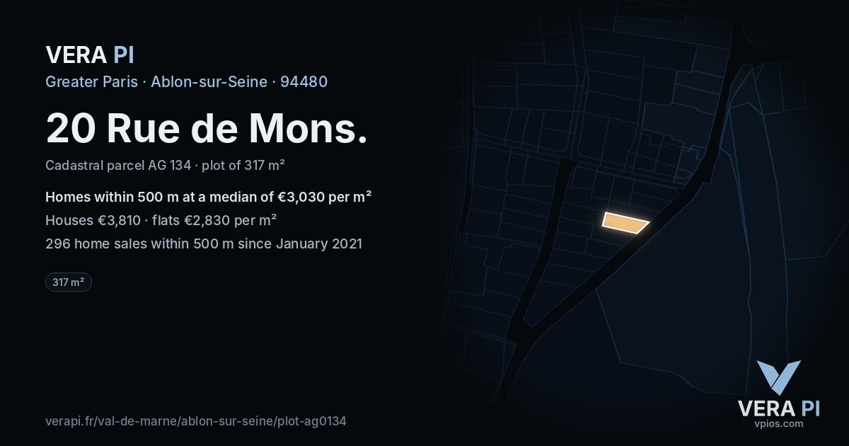 20 Rue de Mons, Ablon-sur-Seine at night – the plot lit, the parcels around coloured by the prices near them