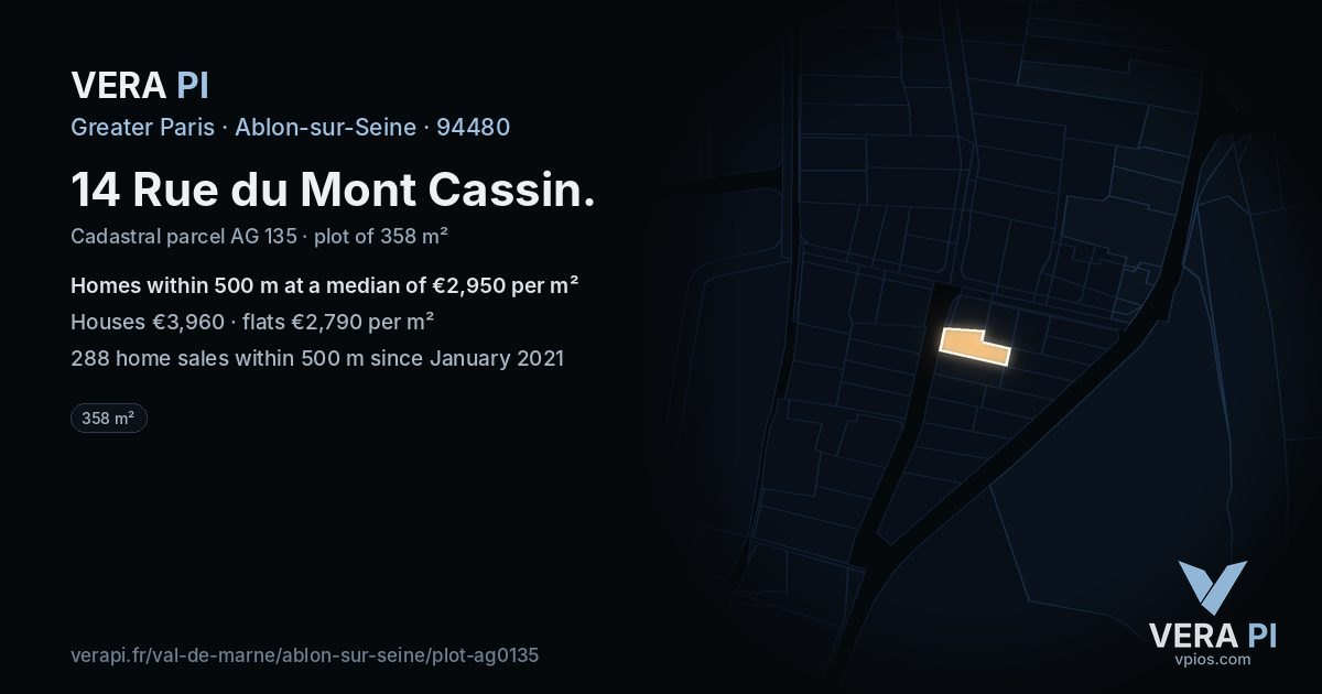 14 Rue du Mont Cassin, Ablon-sur-Seine at night – the plot lit, the parcels around coloured by the prices near them