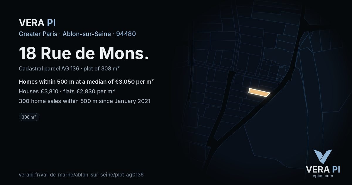 18 Rue de Mons, Ablon-sur-Seine at night – the plot lit, the parcels around coloured by the prices near them