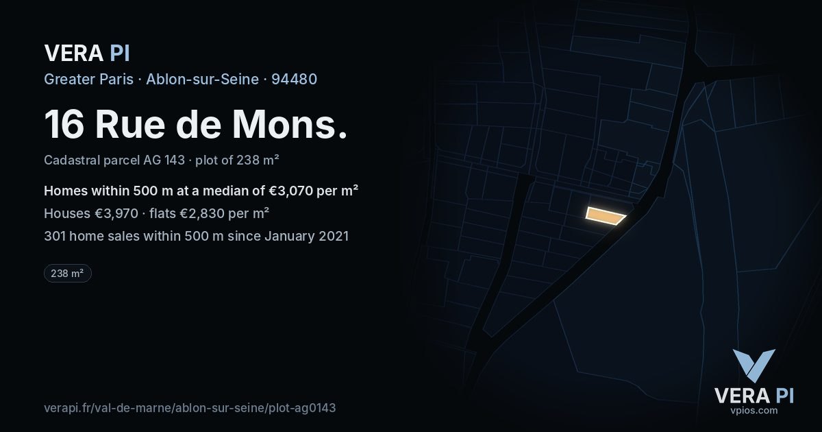16 Rue de Mons, Ablon-sur-Seine at night – the plot lit, the parcels around coloured by the prices near them