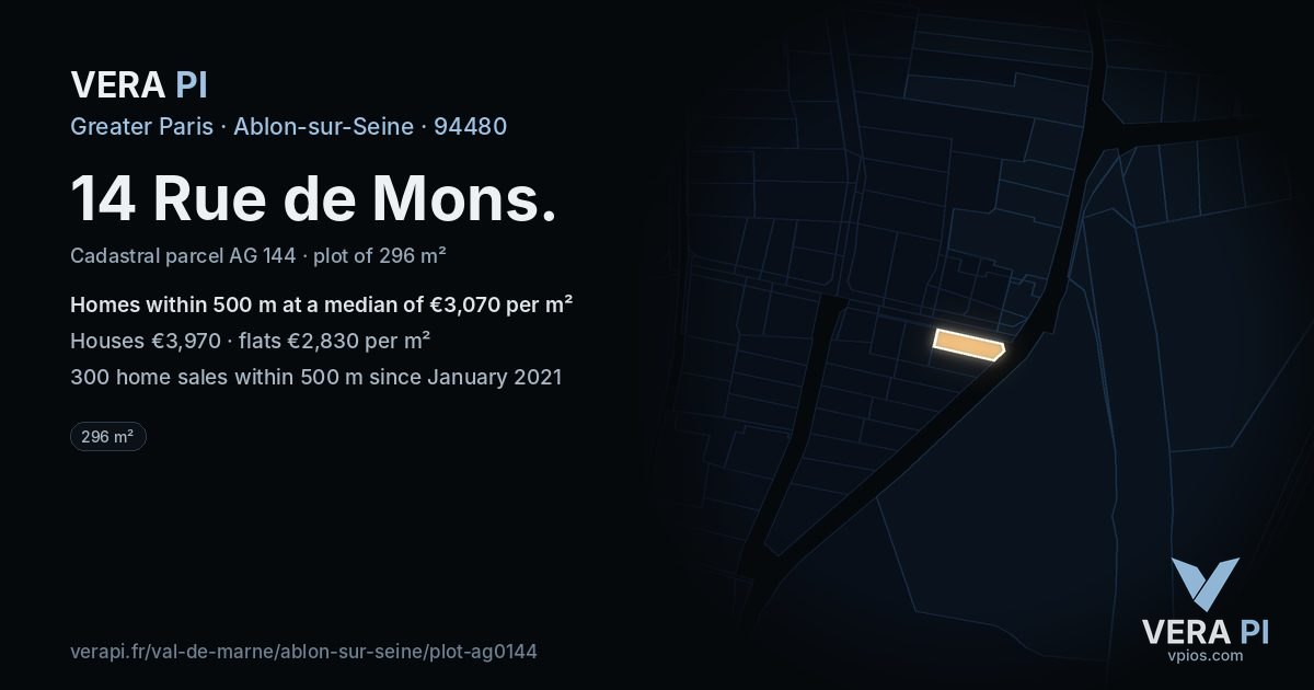 14 Rue de Mons, Ablon-sur-Seine at night – the plot lit, the parcels around coloured by the prices near them