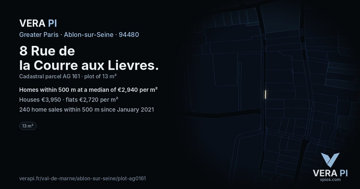 8 Rue de la Courre aux Lievres, Ablon-sur-Seine at night – the plot lit, the parcels around coloured by the prices near them