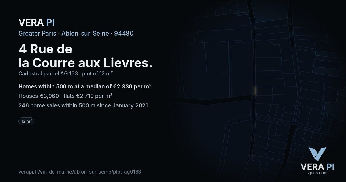 4 Rue de la Courre aux Lievres, Ablon-sur-Seine at night – the plot lit, the parcels around coloured by the prices near them