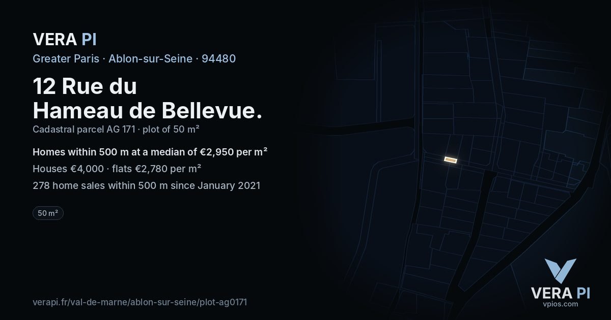 12 Rue du Hameau de Bellevue, Ablon-sur-Seine at night – the plot lit, the parcels around coloured by the prices near them