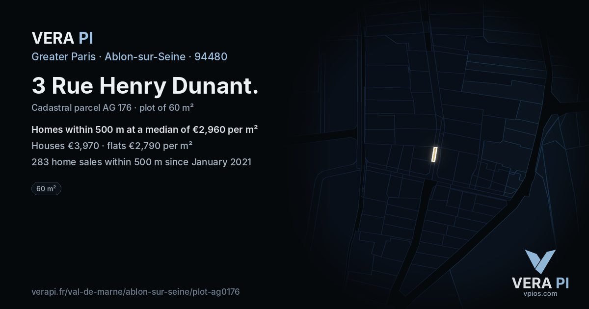 3 Rue Henry Dunant, Ablon-sur-Seine at night – the plot lit, the parcels around coloured by the prices near them