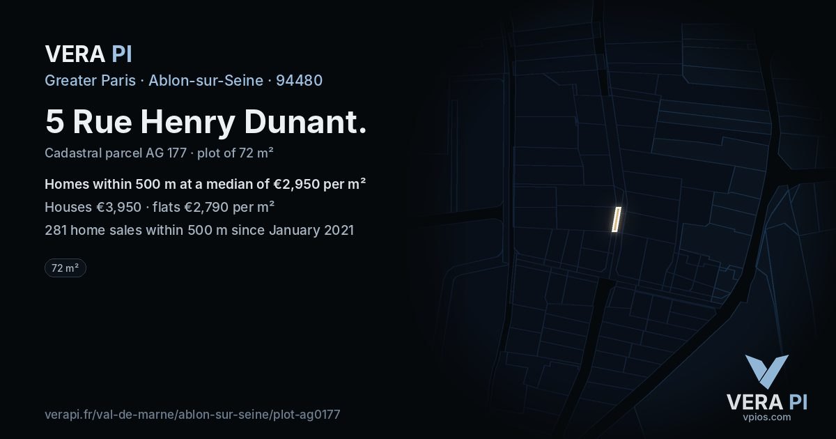 5 Rue Henry Dunant, Ablon-sur-Seine at night – the plot lit, the parcels around coloured by the prices near them