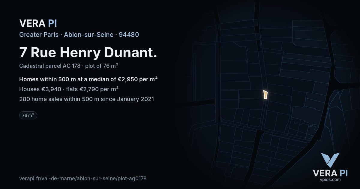 7 Rue Henry Dunant, Ablon-sur-Seine at night – the plot lit, the parcels around coloured by the prices near them