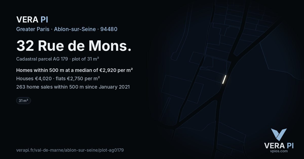 32 Rue de Mons, Ablon-sur-Seine at night – the plot lit, the parcels around coloured by the prices near them