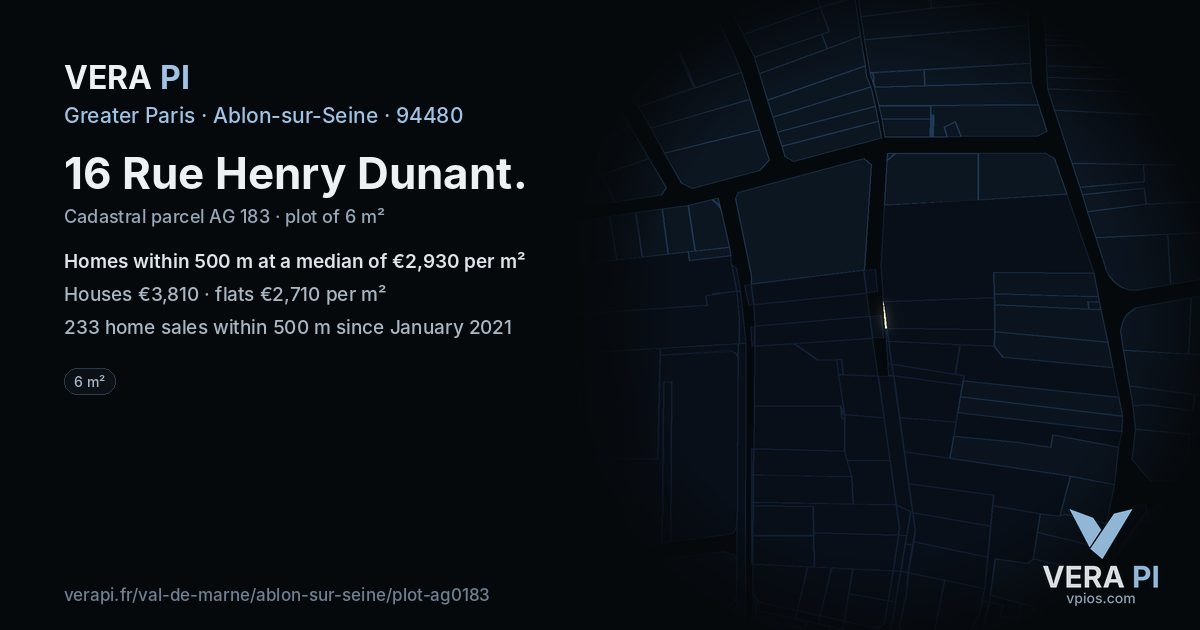 16 Rue Henry Dunant, Ablon-sur-Seine at night – the plot lit, the parcels around coloured by the prices near them