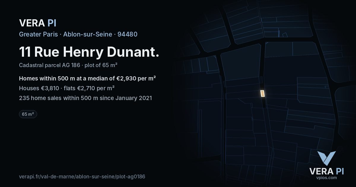 11 Rue Henry Dunant, Ablon-sur-Seine at night – the plot lit, the parcels around coloured by the prices near them