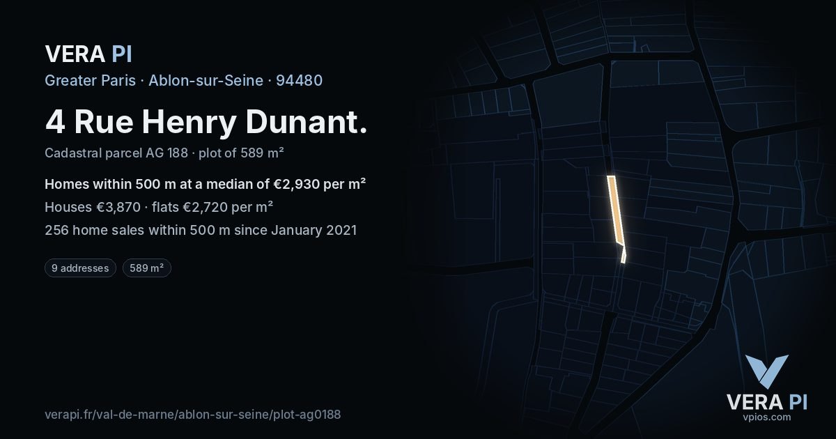 4 Rue Henry Dunant, Ablon-sur-Seine at night – the plot lit, the parcels around coloured by the prices near them