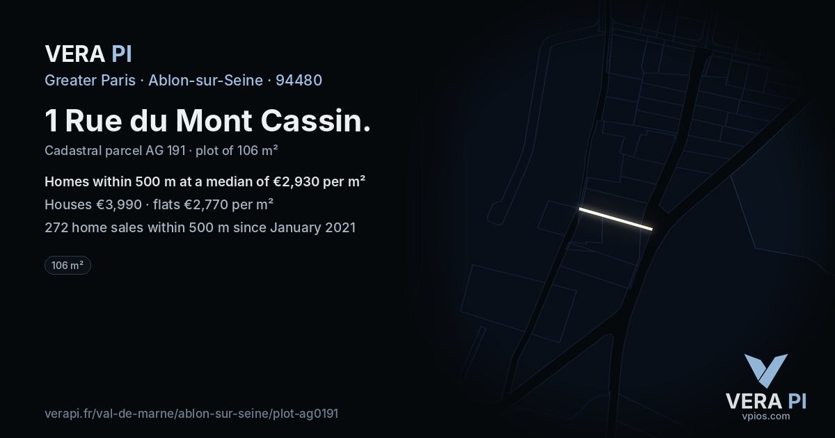 1 Rue du Mont Cassin, Ablon-sur-Seine at night – the plot lit, the parcels around coloured by the prices near them