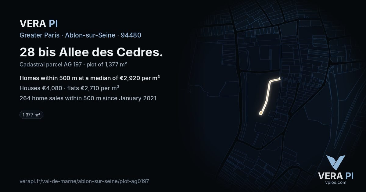 28 bis Allee des Cedres, Ablon-sur-Seine at night – the plot lit, the parcels around coloured by the prices near them