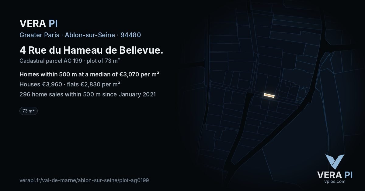 4 Rue du Hameau de Bellevue, Ablon-sur-Seine at night – the plot lit, the parcels around coloured by the prices near them