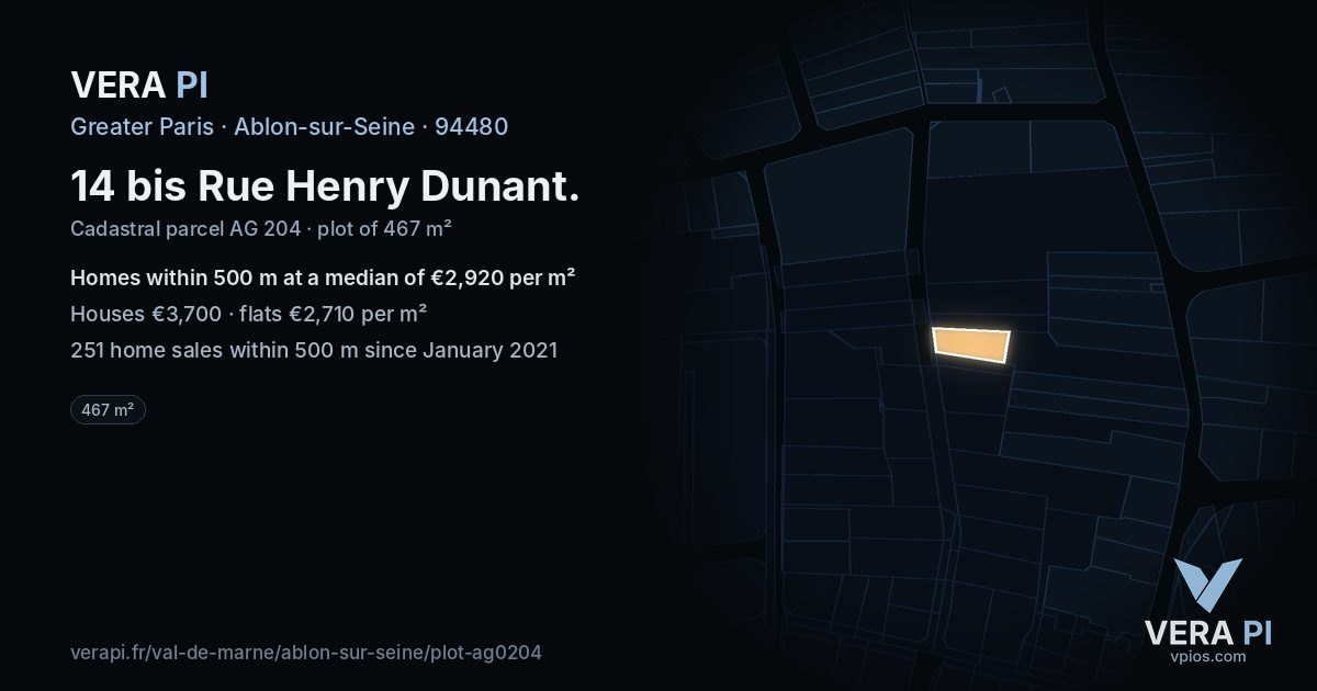 14 bis Rue Henry Dunant, Ablon-sur-Seine at night – the plot lit, the parcels around coloured by the prices near them