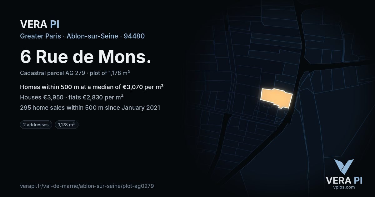 6 Rue de Mons, Ablon-sur-Seine at night – the plot lit, the parcels around coloured by the prices near them