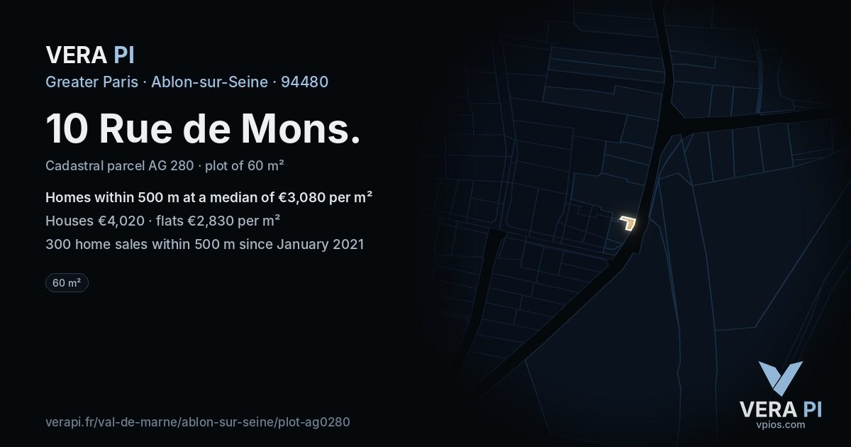 10 Rue de Mons, Ablon-sur-Seine at night – the plot lit, the parcels around coloured by the prices near them