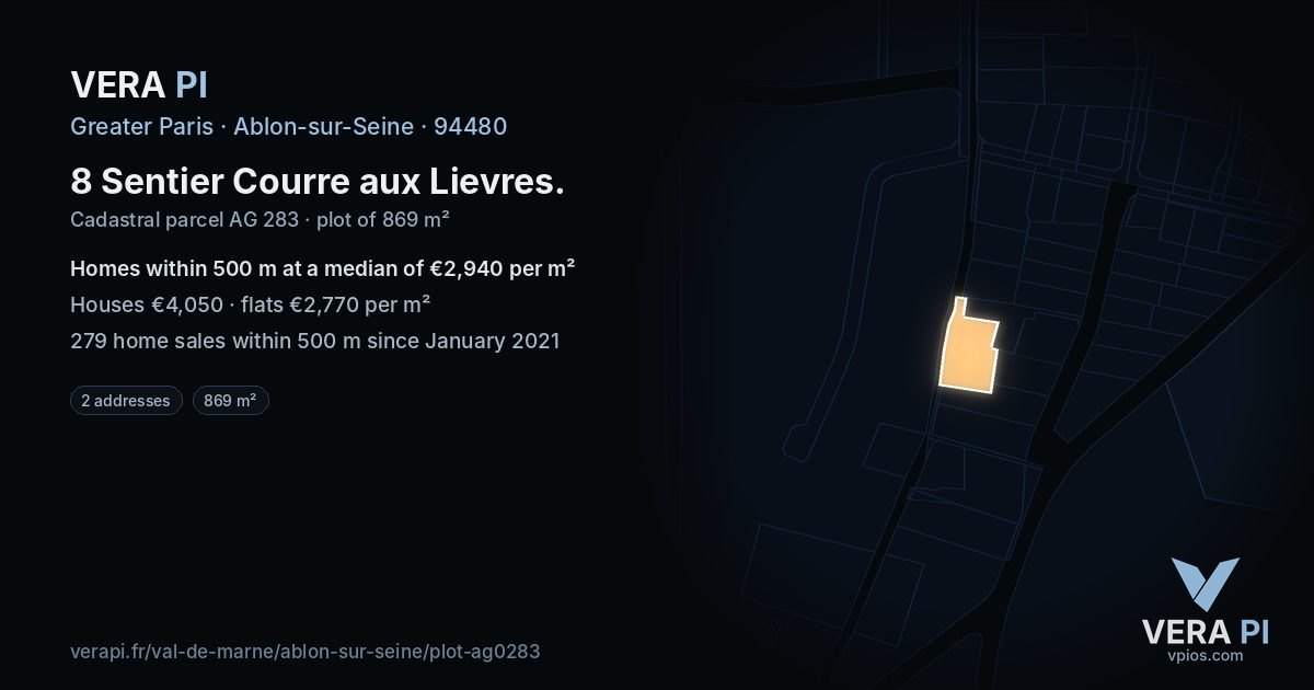 8 Sentier Courre aux Lievres, Ablon-sur-Seine at night – the plot lit, the parcels around coloured by the prices near them