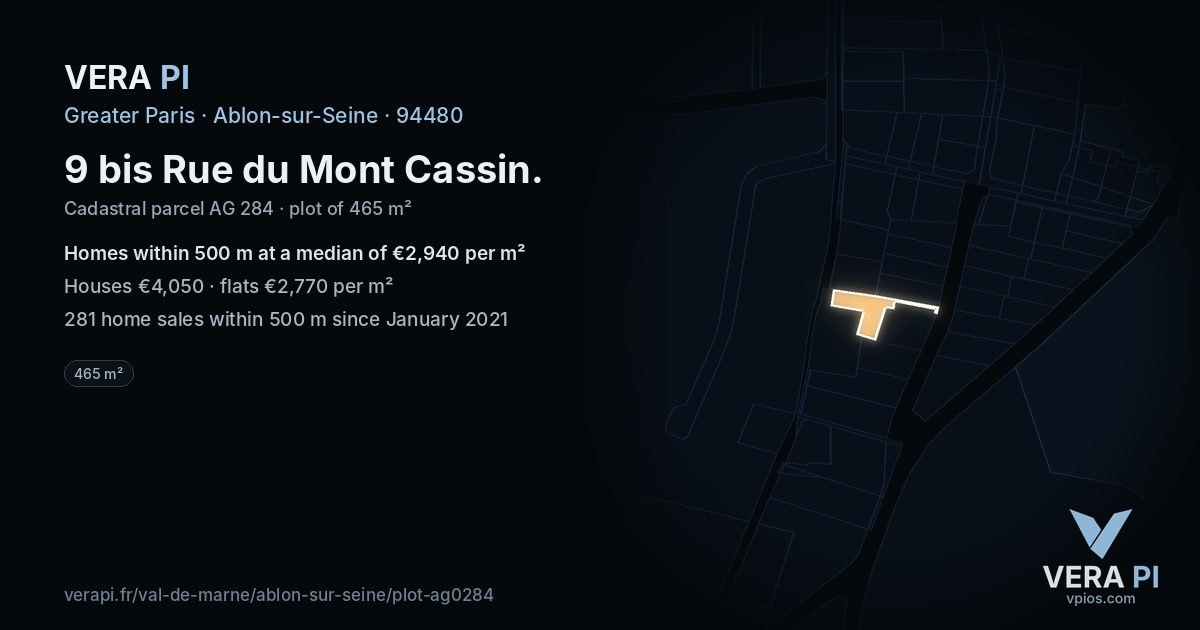 9 bis Rue du Mont Cassin, Ablon-sur-Seine at night – the plot lit, the parcels around coloured by the prices near them