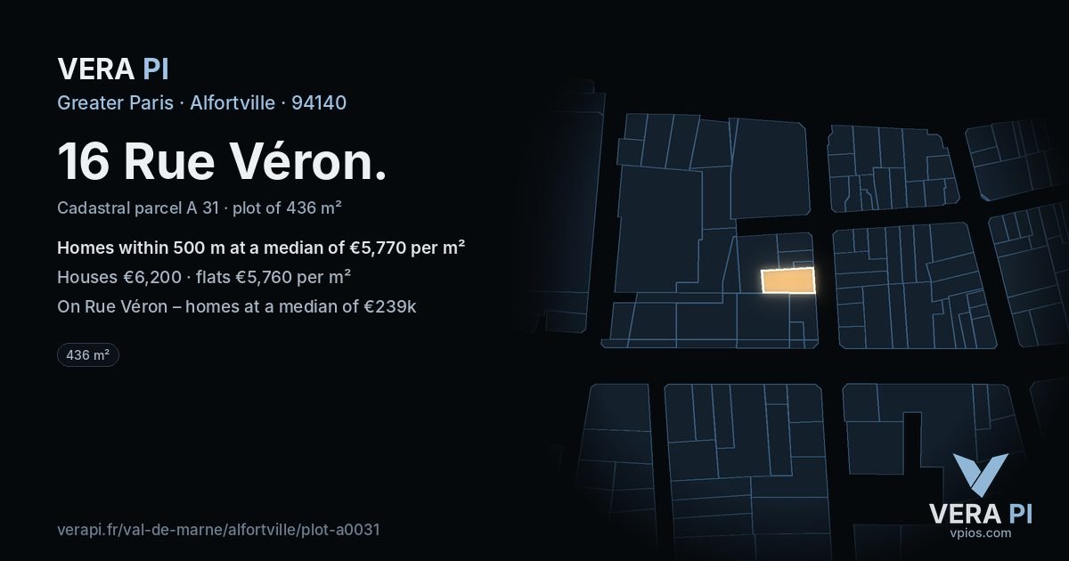 16 Rue Véron, Alfortville at night – the plot lit, the parcels around coloured by the prices near them