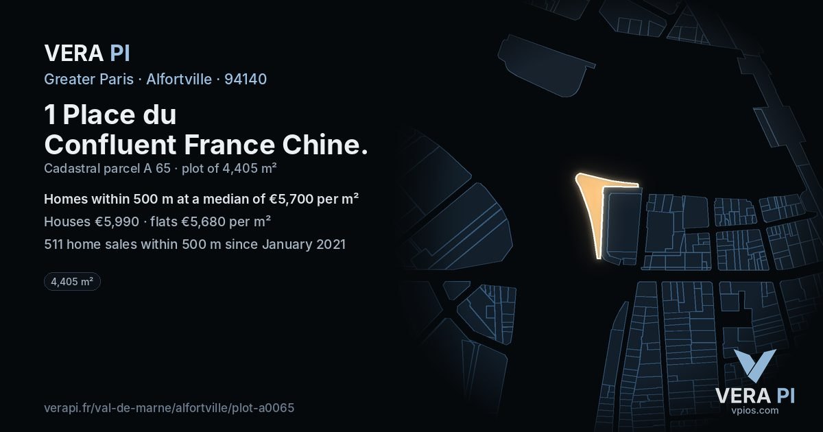 1 Place du Confluent France Chine, Alfortville at night – the plot lit, the parcels around coloured by the prices near them