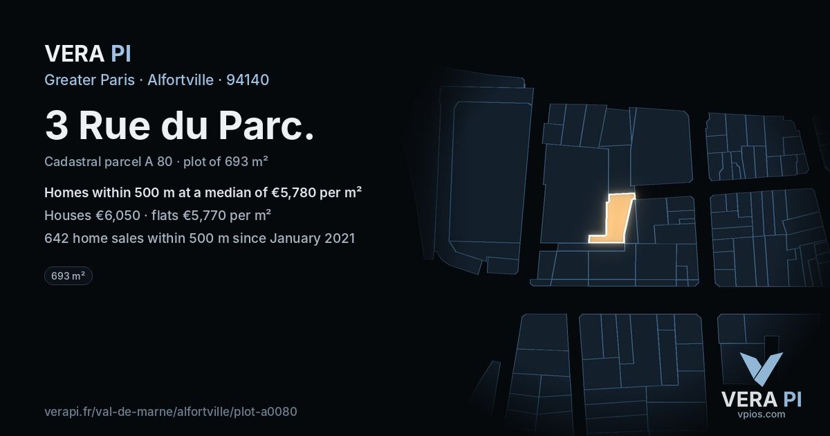 3 Rue du Parc, Alfortville at night – the plot lit, the parcels around coloured by the prices near them