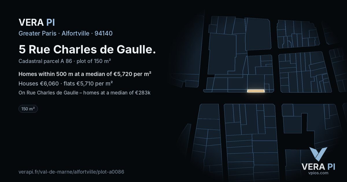 5 Rue Charles de Gaulle, Alfortville at night – the plot lit, the parcels around coloured by the prices near them