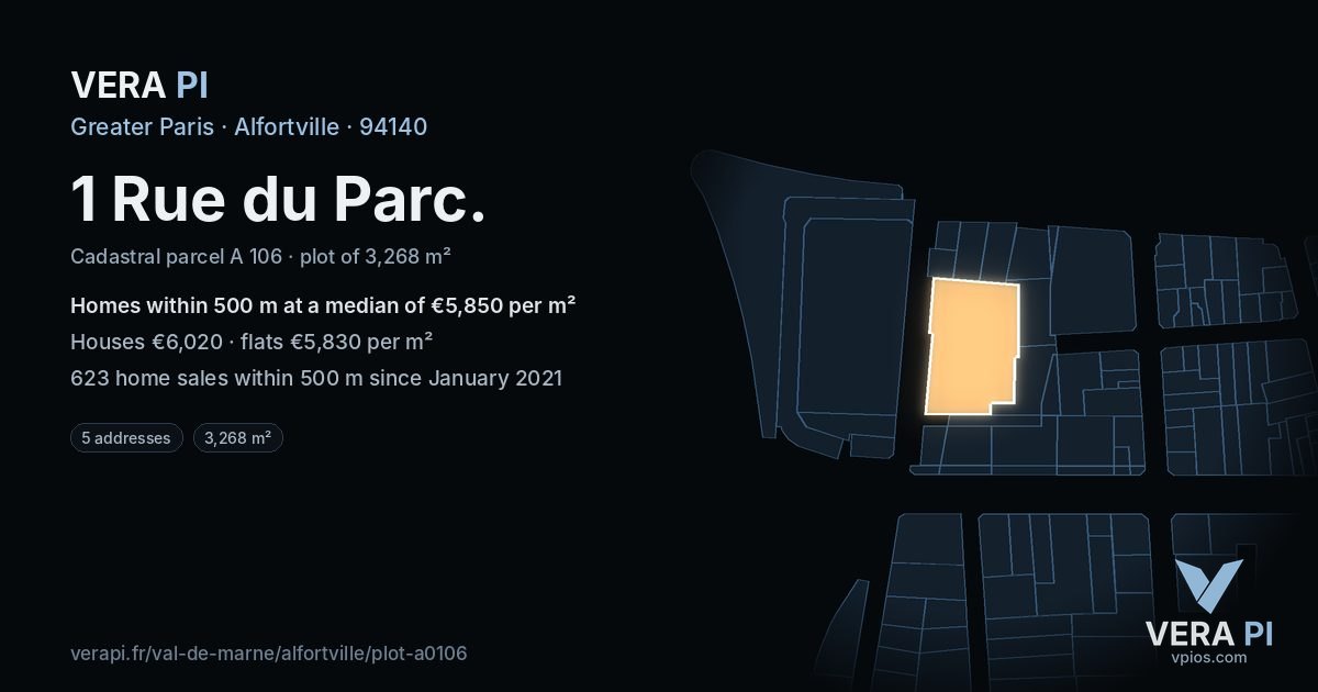1 Rue du Parc, Alfortville at night – the plot lit, the parcels around coloured by the prices near them