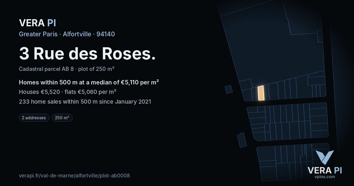 3 Rue des Roses, Alfortville at night – the plot lit, the parcels around coloured by the prices near them