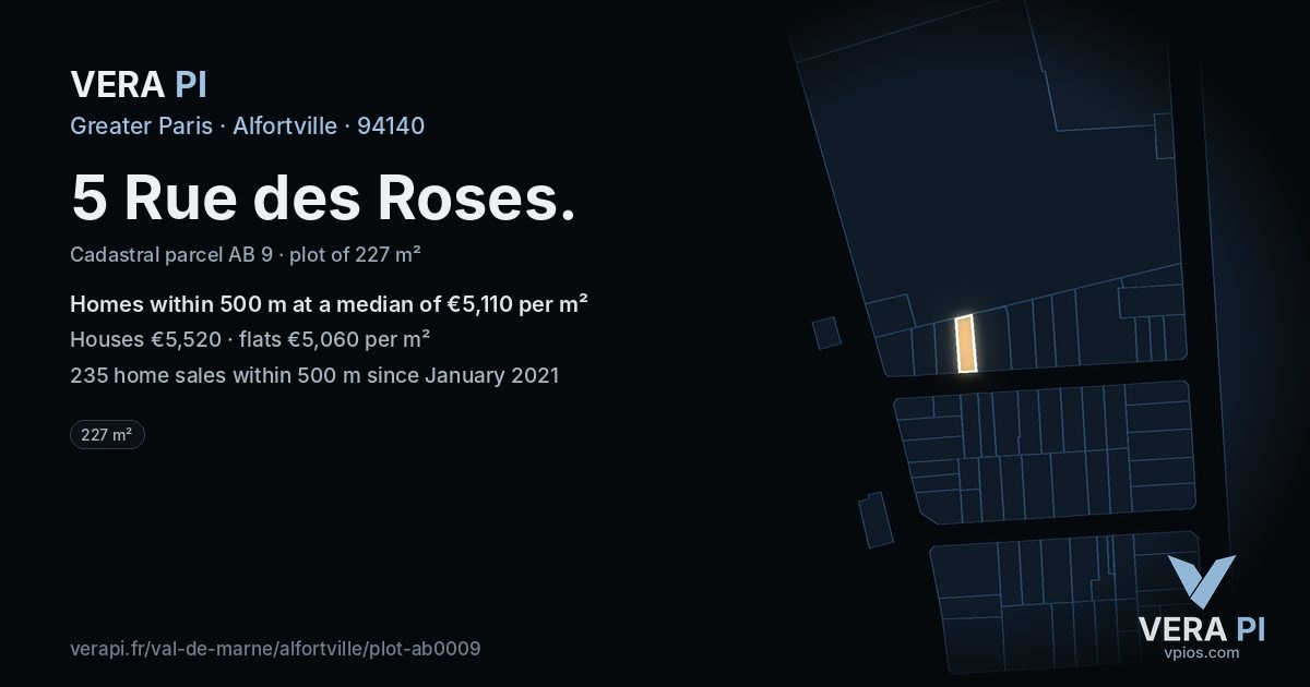5 Rue des Roses, Alfortville at night – the plot lit, the parcels around coloured by the prices near them