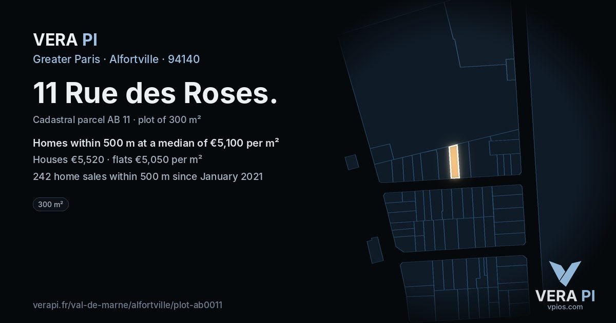 11 Rue des Roses, Alfortville at night – the plot lit, the parcels around coloured by the prices near them