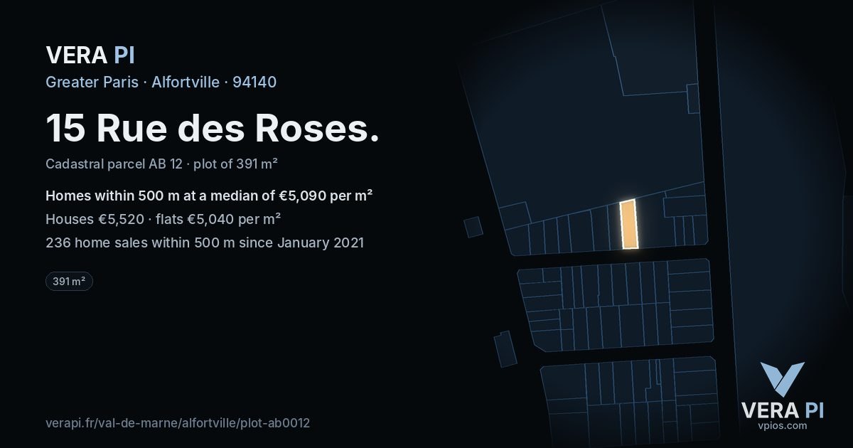 15 Rue des Roses, Alfortville at night – the plot lit, the parcels around coloured by the prices near them