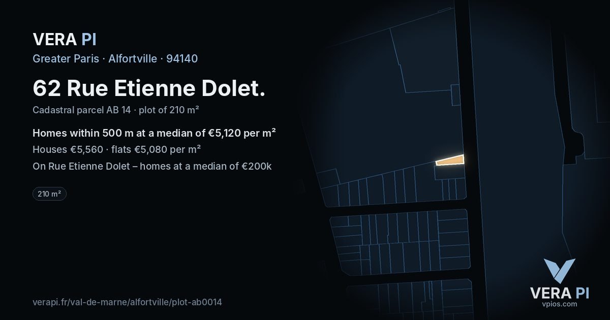 62 Rue Etienne Dolet, Alfortville at night – the plot lit, the parcels around coloured by the prices near them